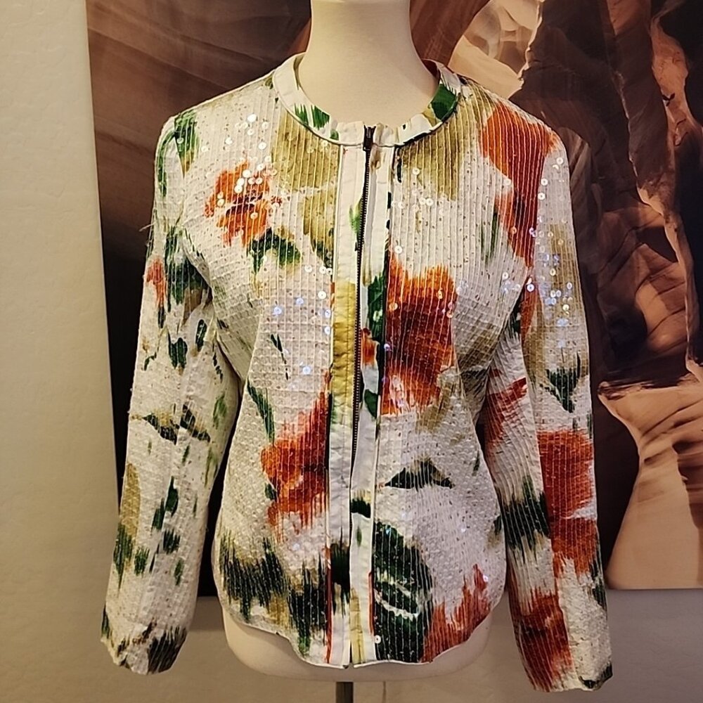 Chico's Women's 1 (M) Shimmer Floral Giovanna Sequin Zip Jacket Optic White